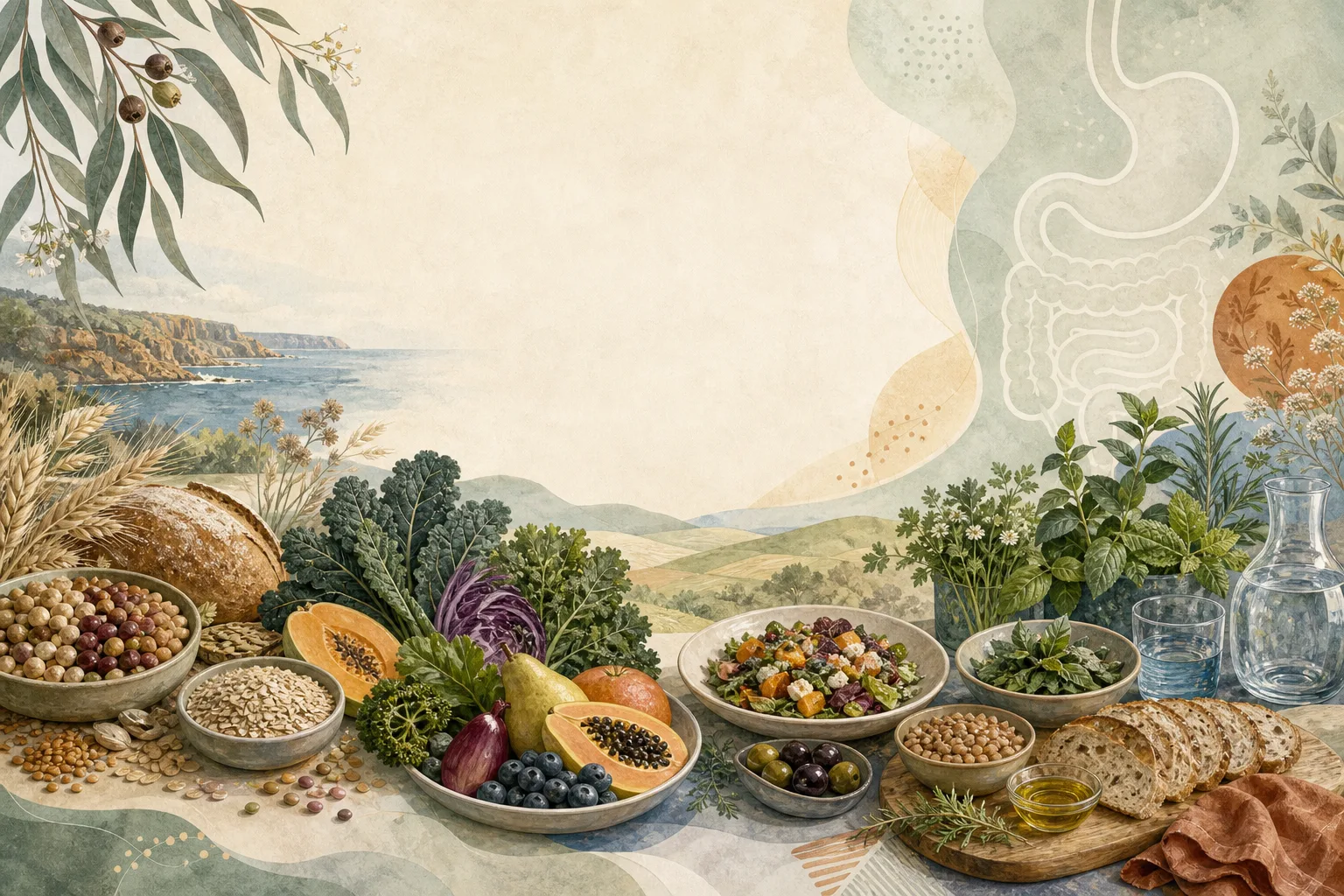 A conceptual tabletop of varied plant foods and water set against a coastal landscape, with a subtle abstract digestive contour in the background.