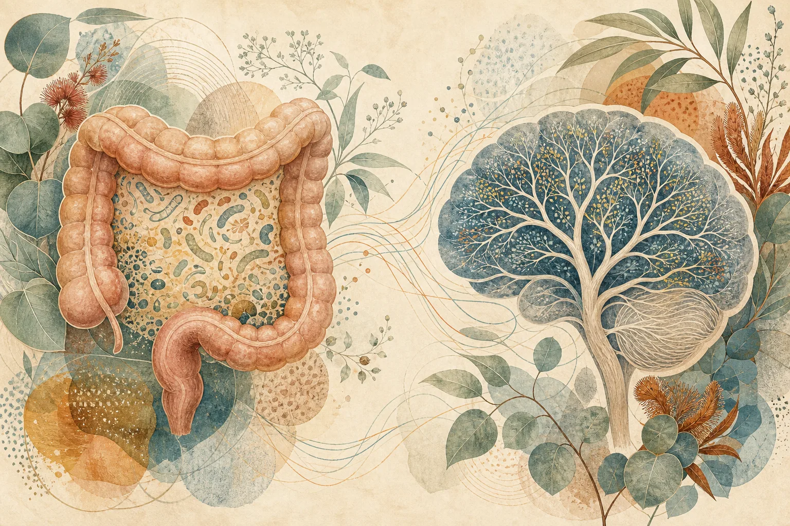A conceptual large intestine and branching brain form on opposite sides of a botanical abstract composition, linked by gentle non-directional threads.