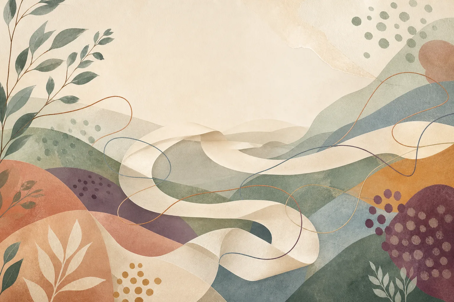 An abstract landscape of layered paper paths, looping fine lines and repeated coloured forms.