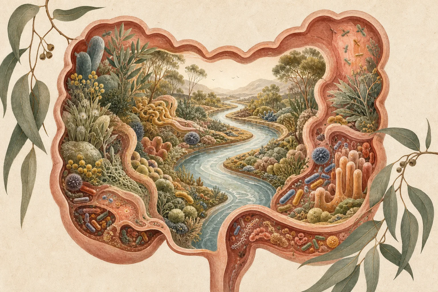A conceptual large-intestine silhouette containing a winding river landscape, plants and abstract microbial forms.