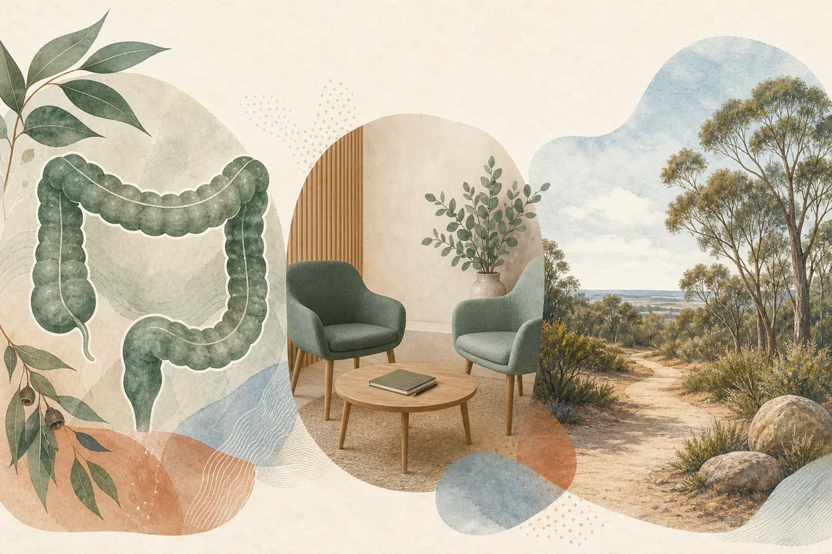 A conceptual large intestine beside two empty chairs and a quiet outdoor path.