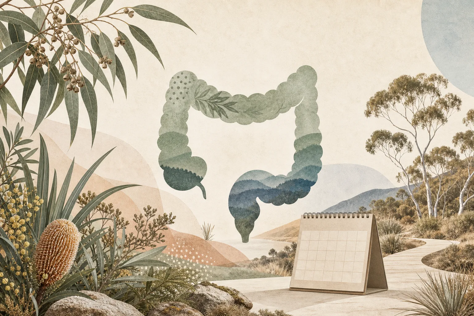 A conceptual large intestine over an Australian native landscape with an unmarked calendar and a winding path.