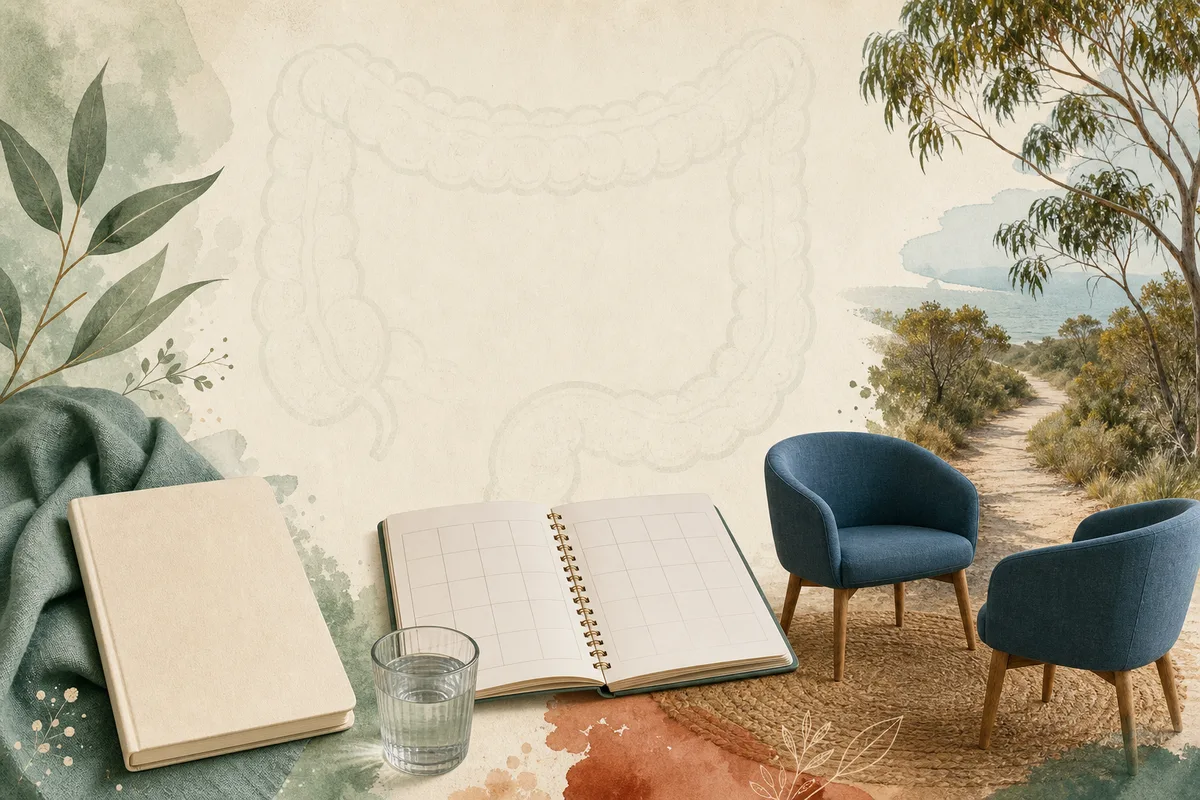 An unmarked notebook and calendar beside two empty chairs and an outdoor path, with a faint large-intestine outline.