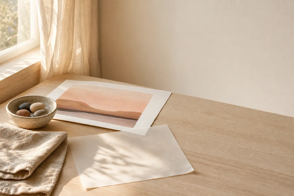A bowl of pebbles, linen, blank paper and an abstract horizon print on a sunlit wood table.