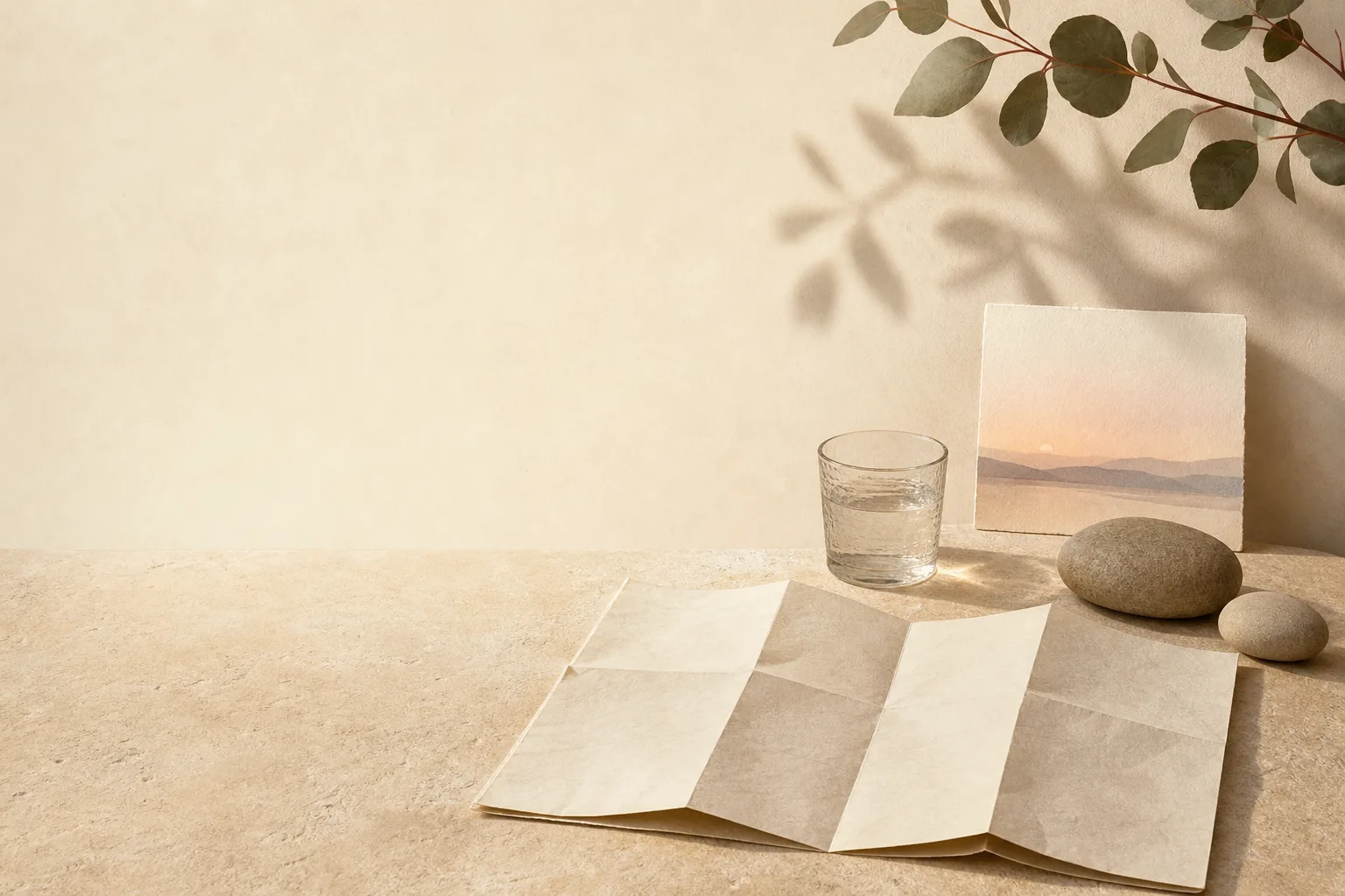 A folded blank paper, glass, pebbles and a small horizon card on a pale stone surface.