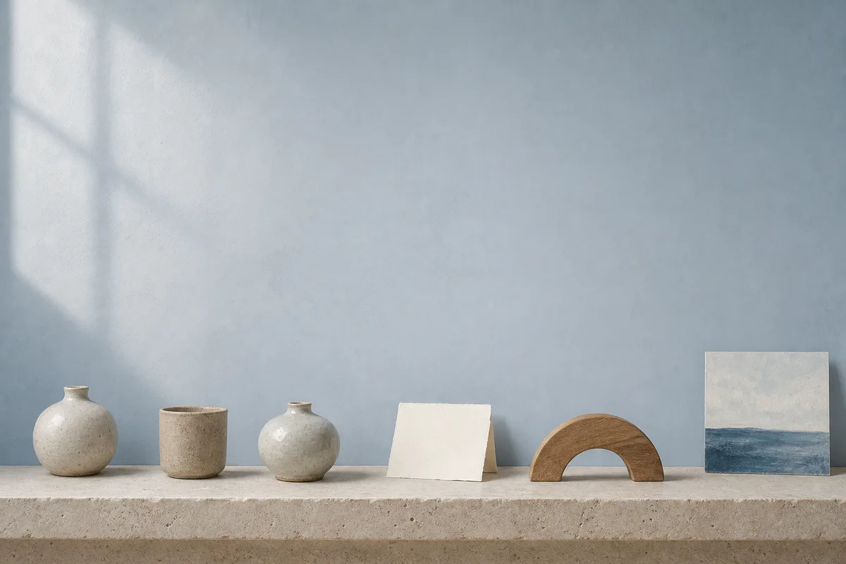 Three small ceramic vessels, a blank card, a wooden arch and a seascape card on a limestone shelf.