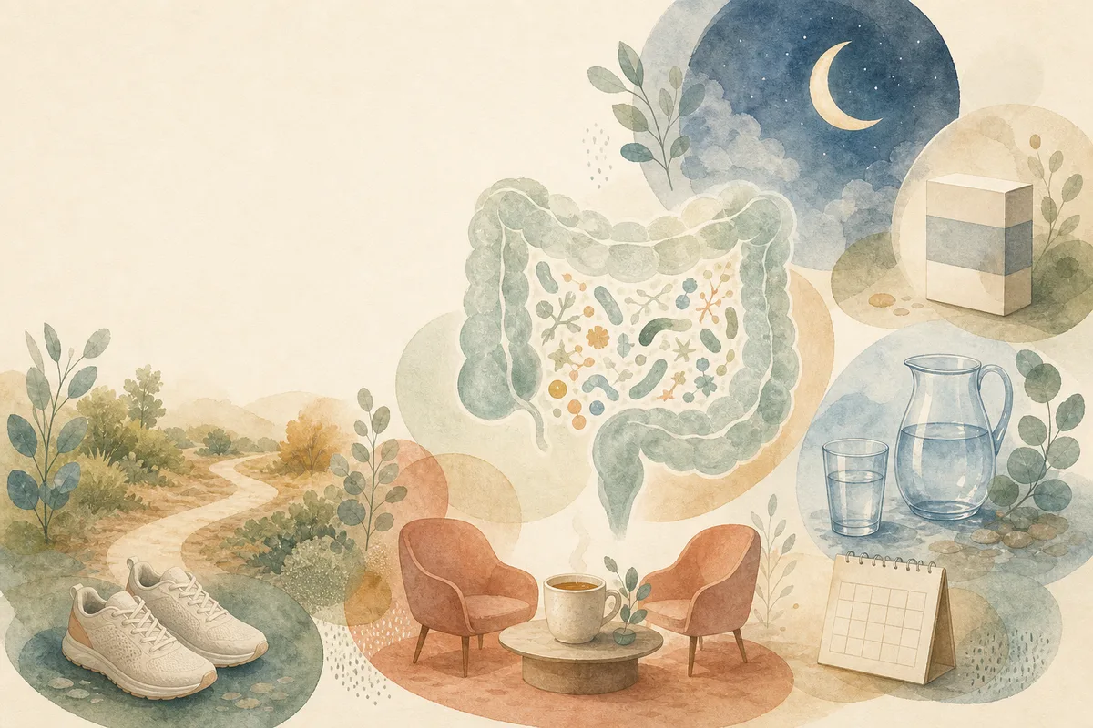 Conceptual gut-health ecosystem with a large intestine surrounded by varied everyday context cues including food, water, sleep, movement, conversation and an unlabeled medicine box.