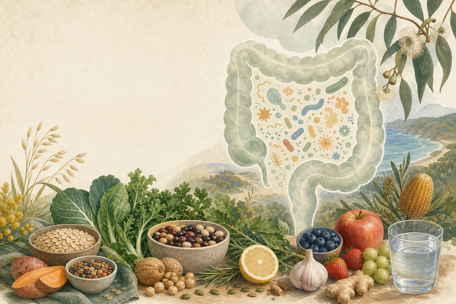 Conceptual large intestine over a landscape with varied plant foods, grains, legumes, fruit and a glass of water.
