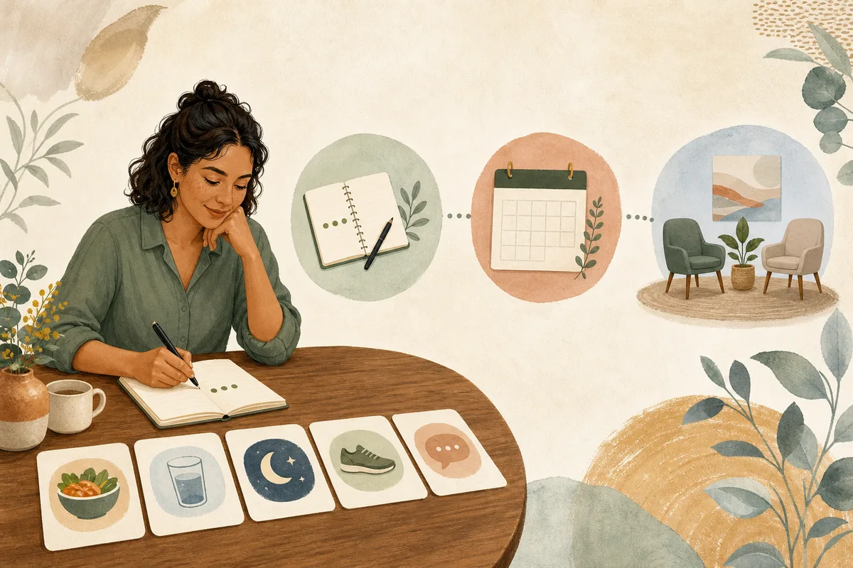 Person making a few neutral notes beside simple meal, water, sleep, movement and communication context cards; a dotted path leads to a calendar and two chairs for a routine conversation.