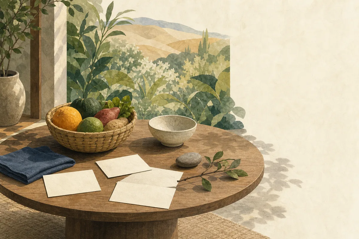 A round wooden table in a garden setting with a basket of varied ordinary foods, blank cards, linen, a ceramic bowl and a botanical branch.