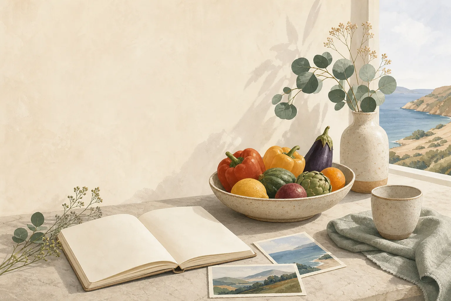 An open blank notebook on a stone table with a bowl of varied ordinary foods, linen, botanical stems and small landscape cards.
