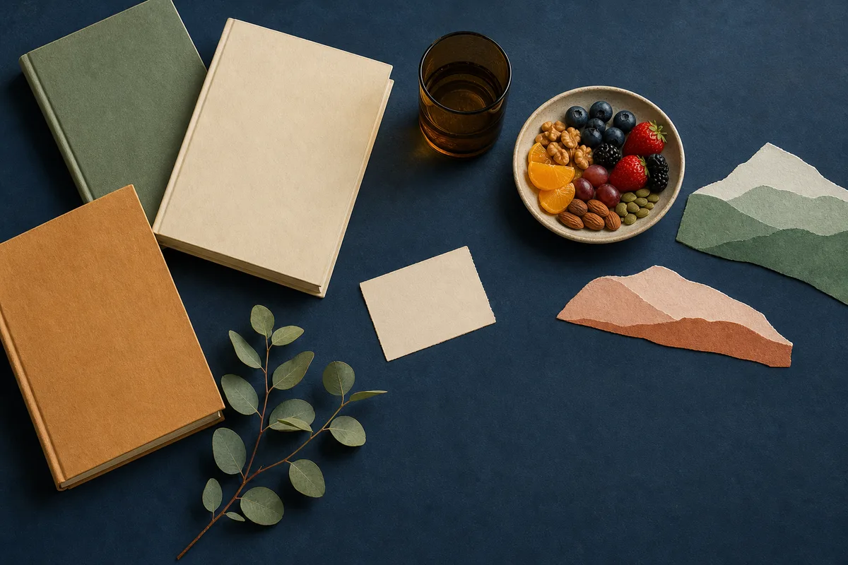 Three plain books, a blank card, a botanical branch, a small dish of varied ordinary foods and paper landscapes on a dark blue surface.