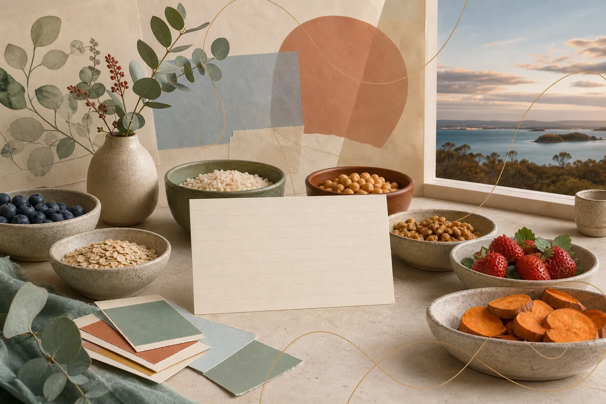 Unlabelled bowls of ordinary foods, a blank card and colour swatches sit beside a vase and a window overlooking a calm landscape.