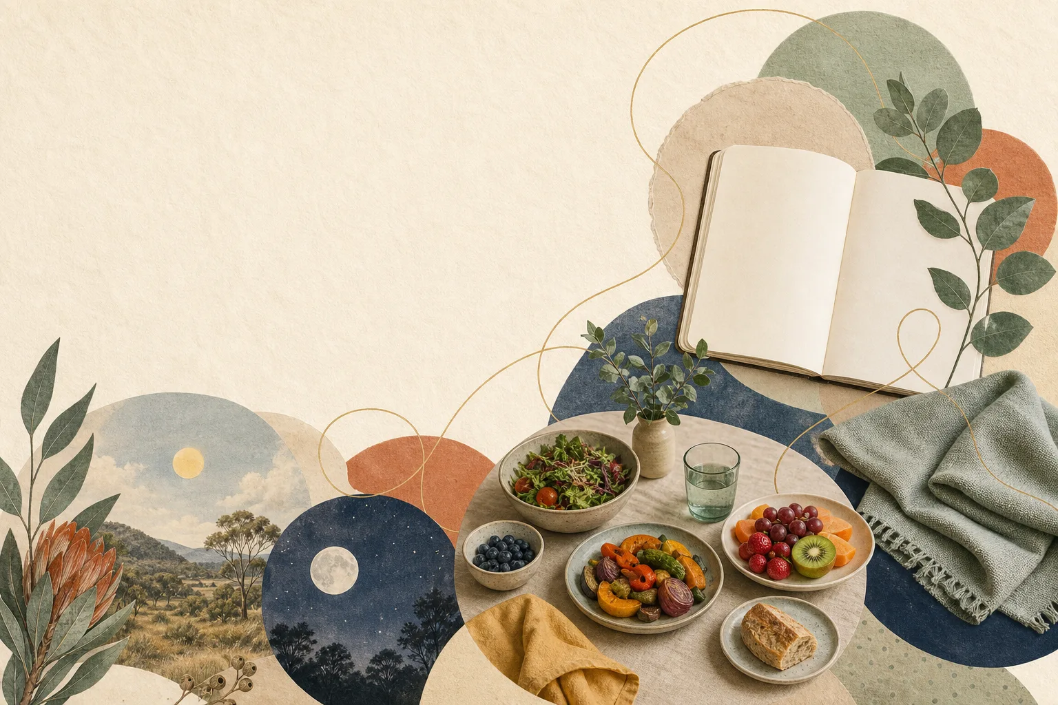 An open notebook above a calm table with varied foods, folded fabric, leaves and small day-and-night landscapes joined by decorative looping lines.