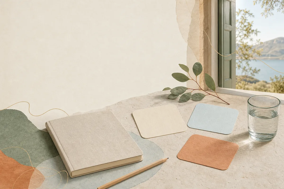 A plain notebook, pencil, three blank cards, water glass and leafy stem sit by an open window overlooking a calm landscape.