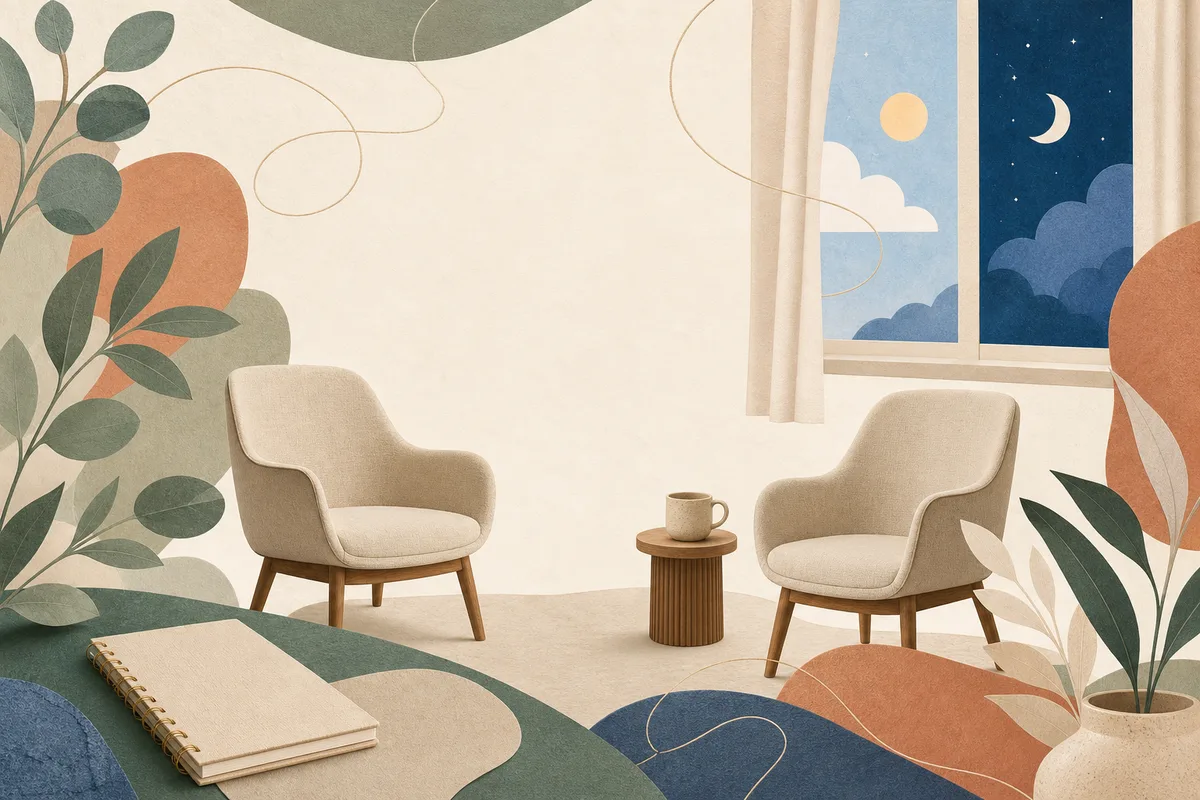 Two empty chairs and a small cup sit below a window with day and night skies, framed by leaves and a blank notebook.