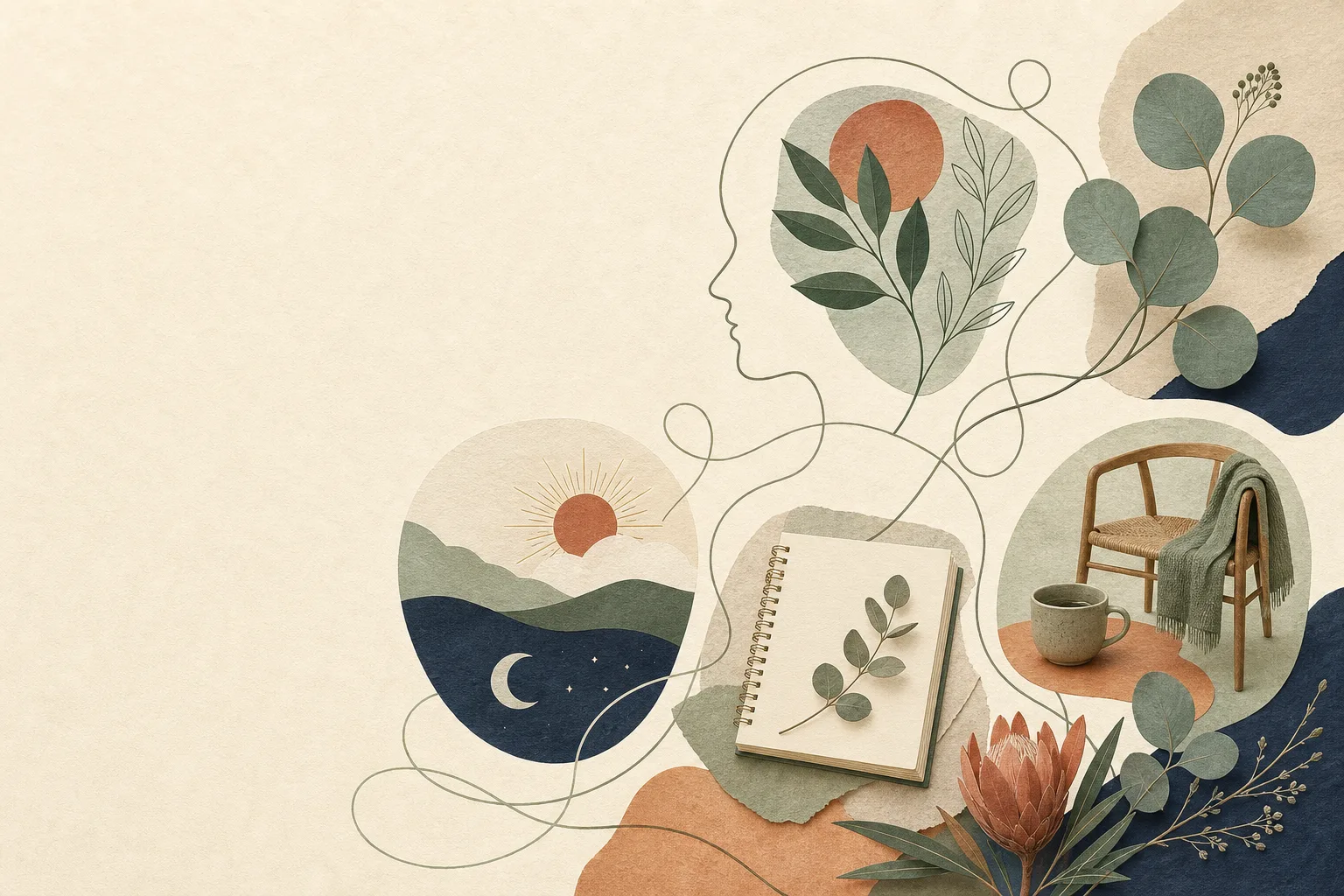 An abstract leaf-filled profile, day-and-night landscape, blank notebook, chair and cup sit among botanical paper-collage forms joined by looping lines.