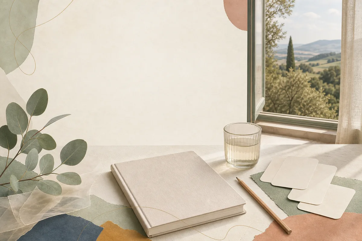 A blank notebook, pencil, plain cards and water glass sit by a leafy stem and an open window overlooking a green landscape.