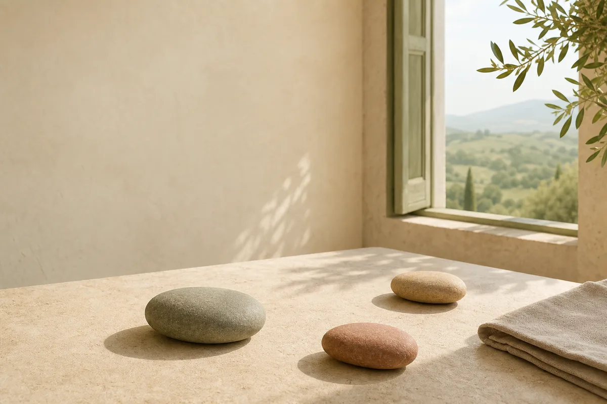 Three separate smooth stones and a folded linen cloth on a sunlit surface beside an open window looking toward green hills.