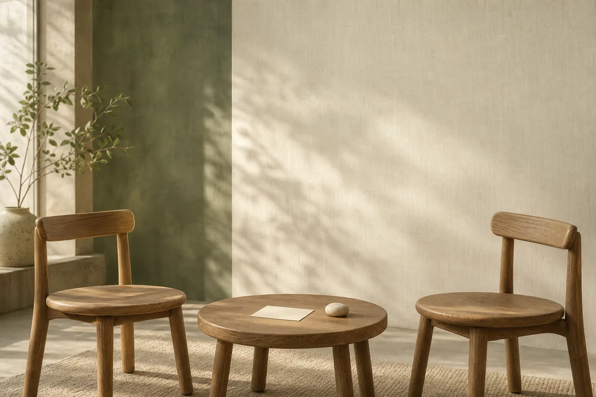 Two empty wooden stools face a low table holding a blank card and smooth pebble in a softly lit green-and-cream room.