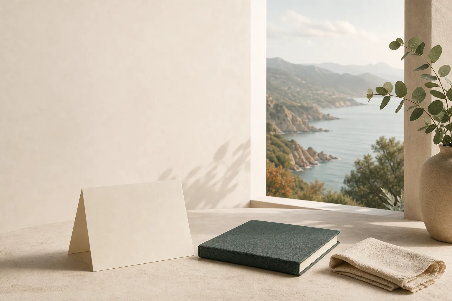 Blank folded paper, closed green notebook and linen cloth beside an open window overlooking a quiet coast.