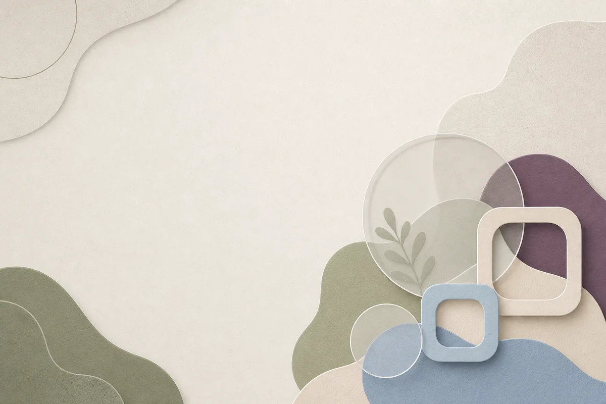Muted plum, moss, blue and cream abstract paper forms with a quiet central open area.