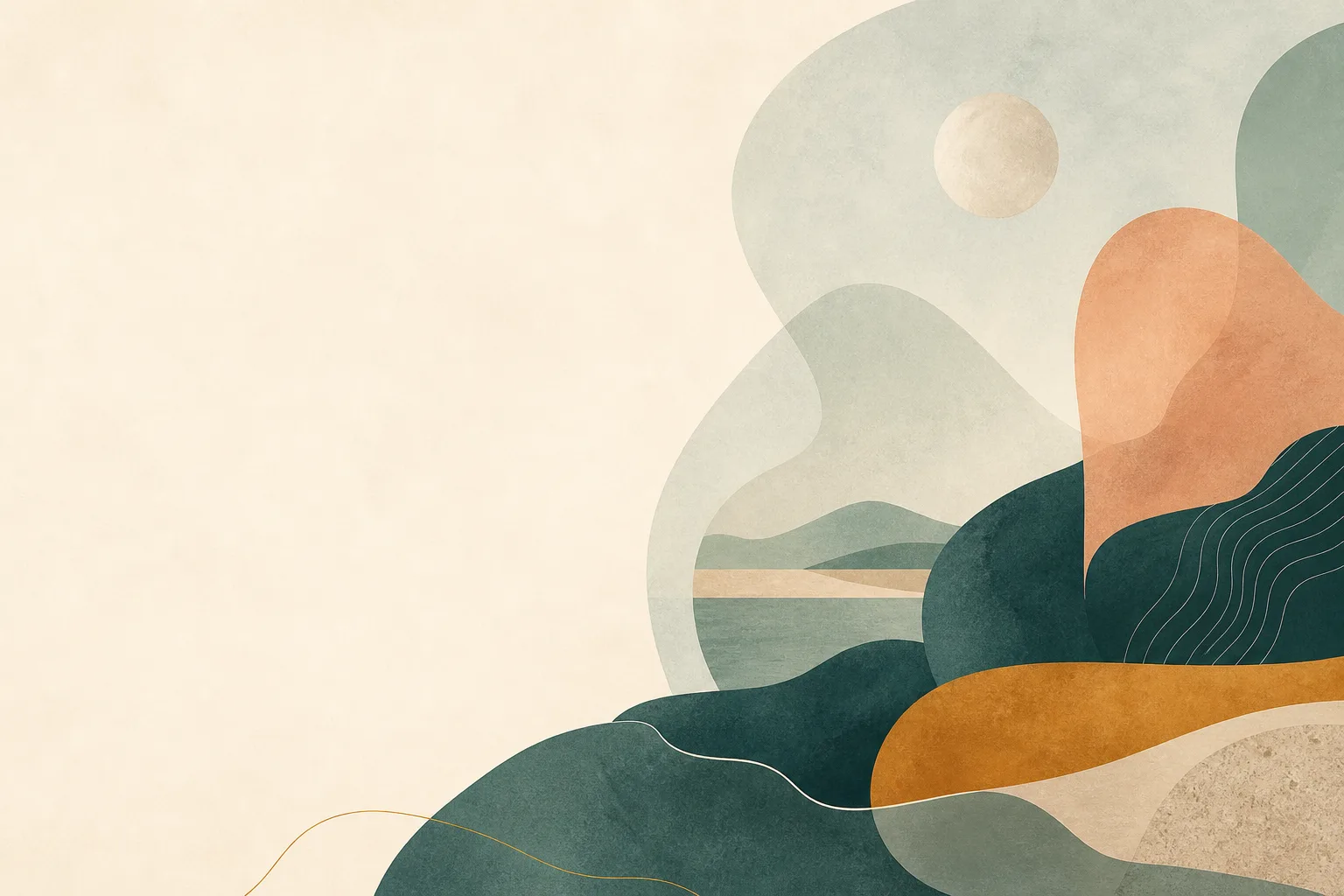 Abstract layered terrain-like forms in muted green, teal, ochre and coral, with open cream space on the left.