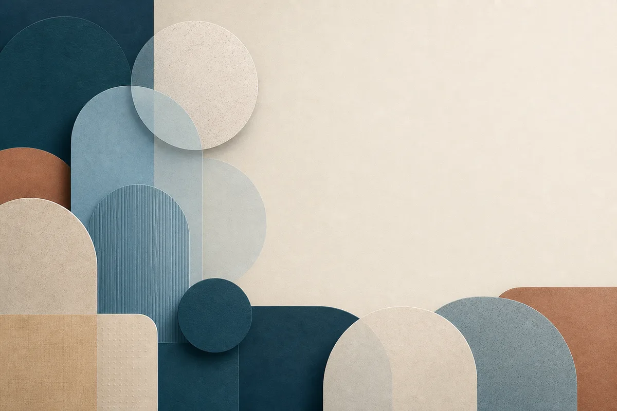 Textured blue, clay and cream arches and circles beside a large pale open area.