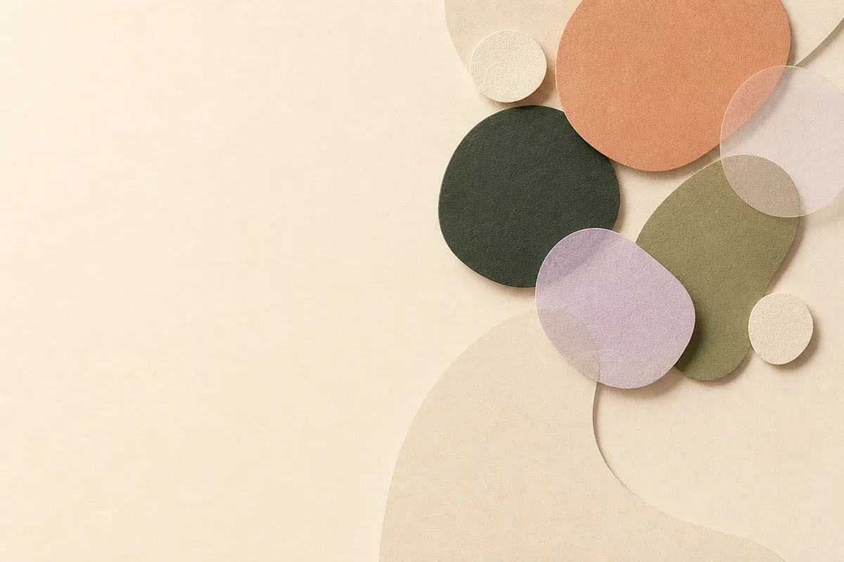 Terracotta, deep green, lavender and translucent rounded paper forms gathered at the upper right of a cream field.