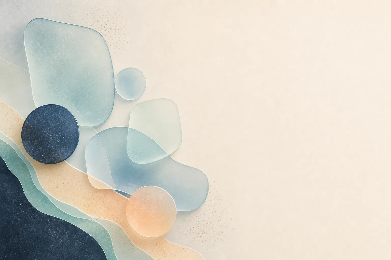 Sea-glass blue and charcoal abstract panels and circles on the left, with wide cream title space on the right.