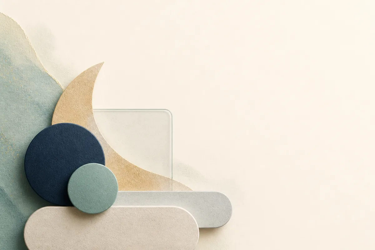 Ink blue, pale mineral, ochre and seafoam abstract paper shapes at the lower left of a wide ivory field.