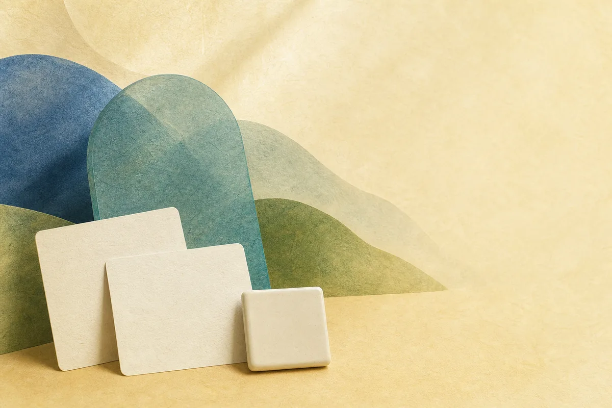 Abstract teal arch behind blank cards and a small ceramic tile on soft blue and green paper hills.