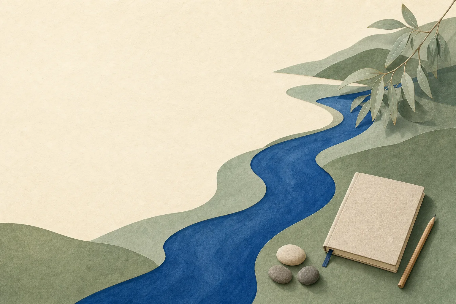 Abstract cobalt river through soft green hills with a blank notebook, pencil and three smooth stones.