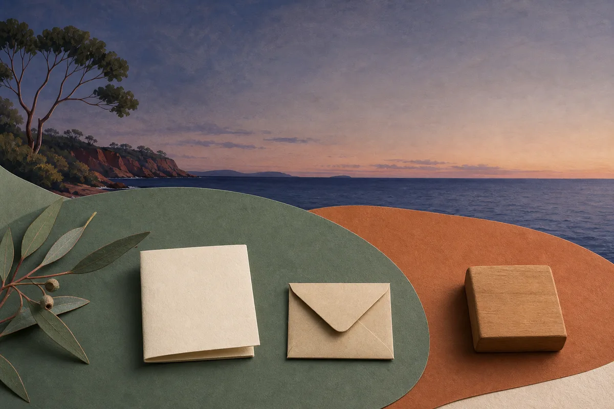 Quiet evening coast with a blank folded paper square, plain envelope and unmarked wooden block.