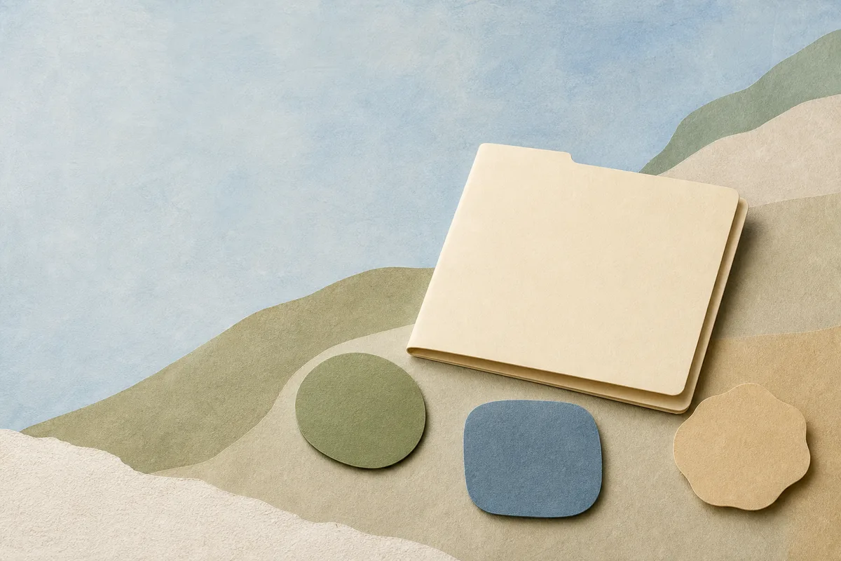Blank cream folder and three rounded paper tokens against a soft blue and sage cut-paper landscape.