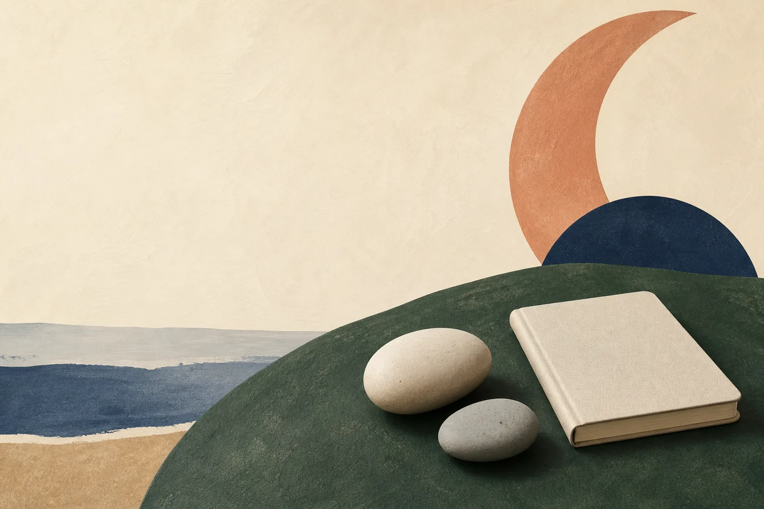 Abstract green landform, terracotta crescent and navy semicircle with a blank journal and two smooth ceramic pebbles.