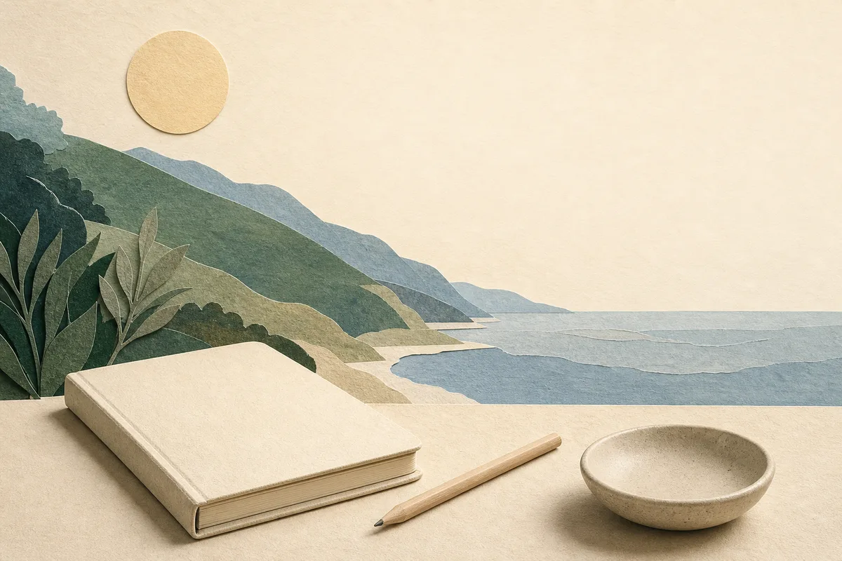 Paper-cut coast with a blank journal, plain pencil and small empty ceramic dish.