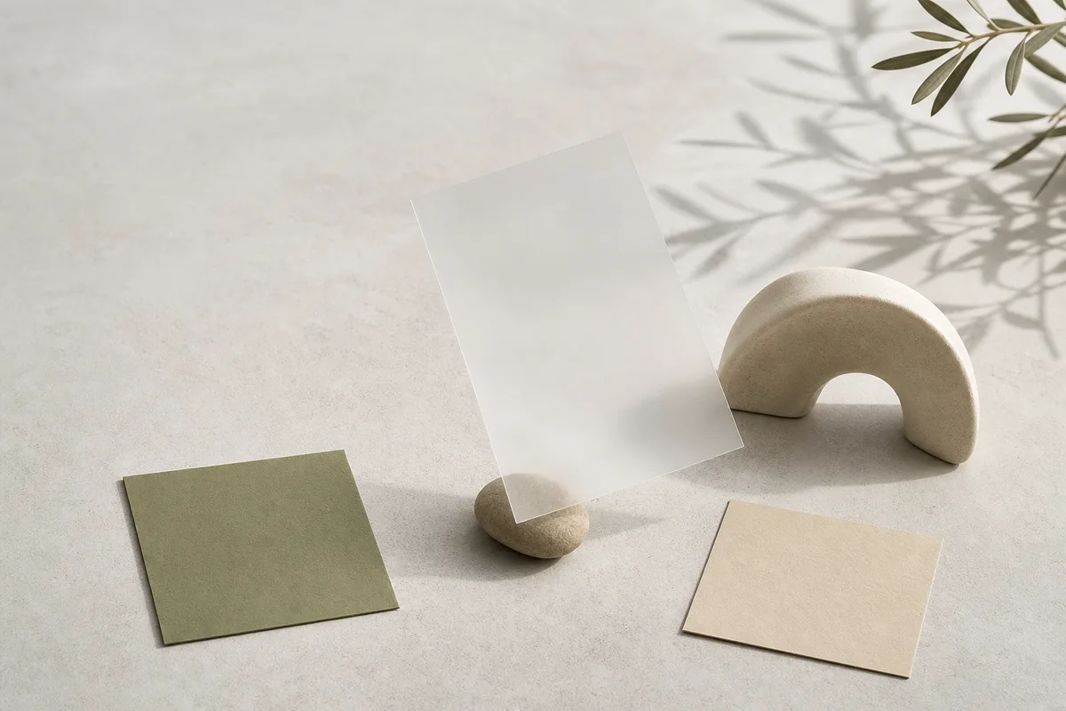 A translucent sheet, ceramic arch, pebble and two blank coloured paper squares on a pale tabletop.