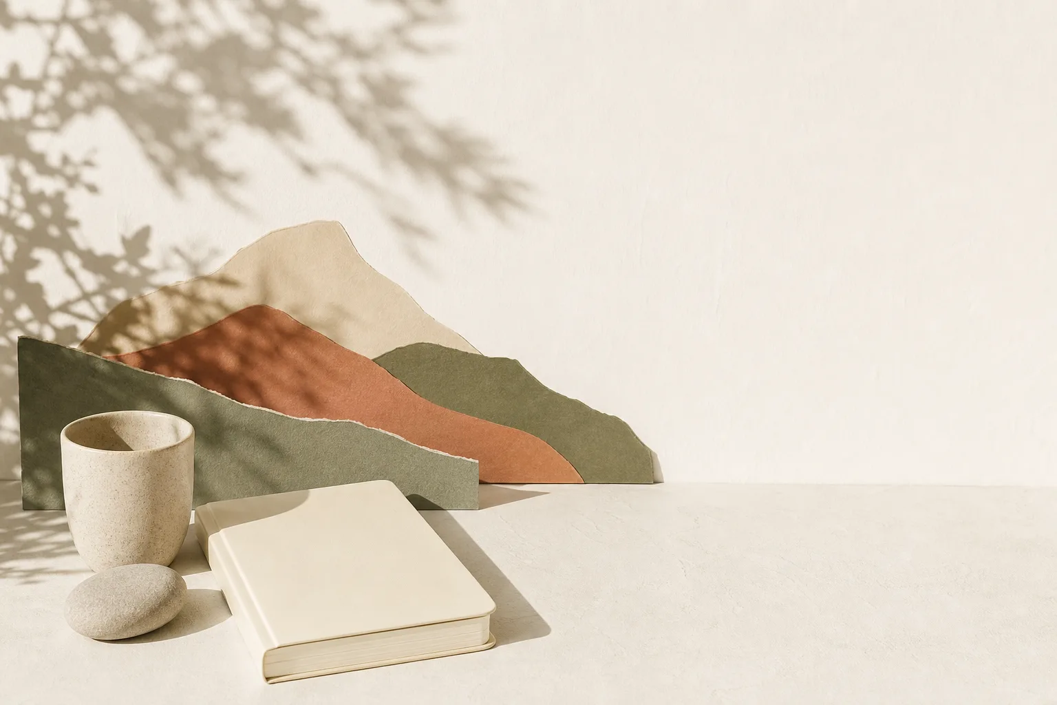 A blank cream notebook, cup, pebble and layered abstract paper landscape on a sunlit pale surface.