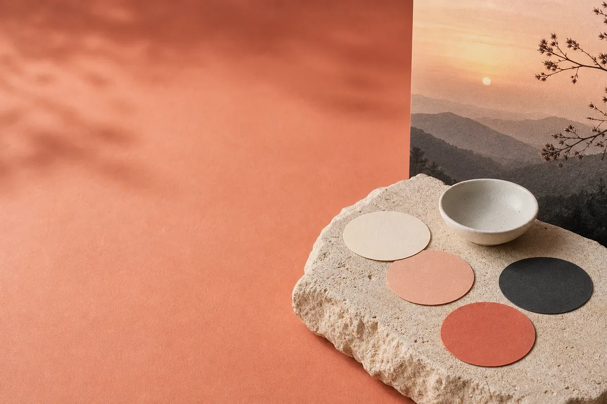 Four unmarked paper circles and a small ceramic dish on a limestone ledge against a coral backdrop.
