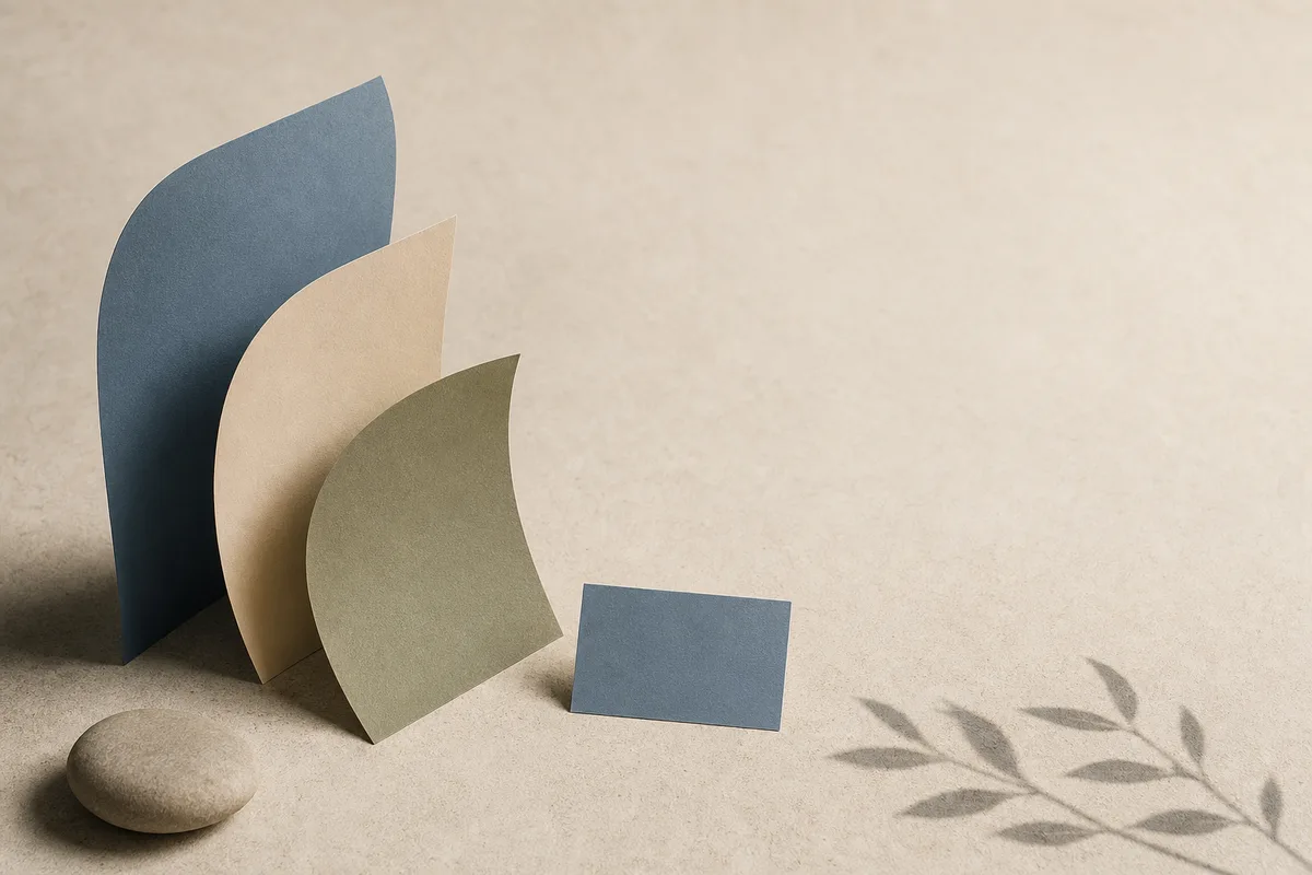 Three softly curved abstract paper forms, a blue card and a pebble on a pale textured surface.