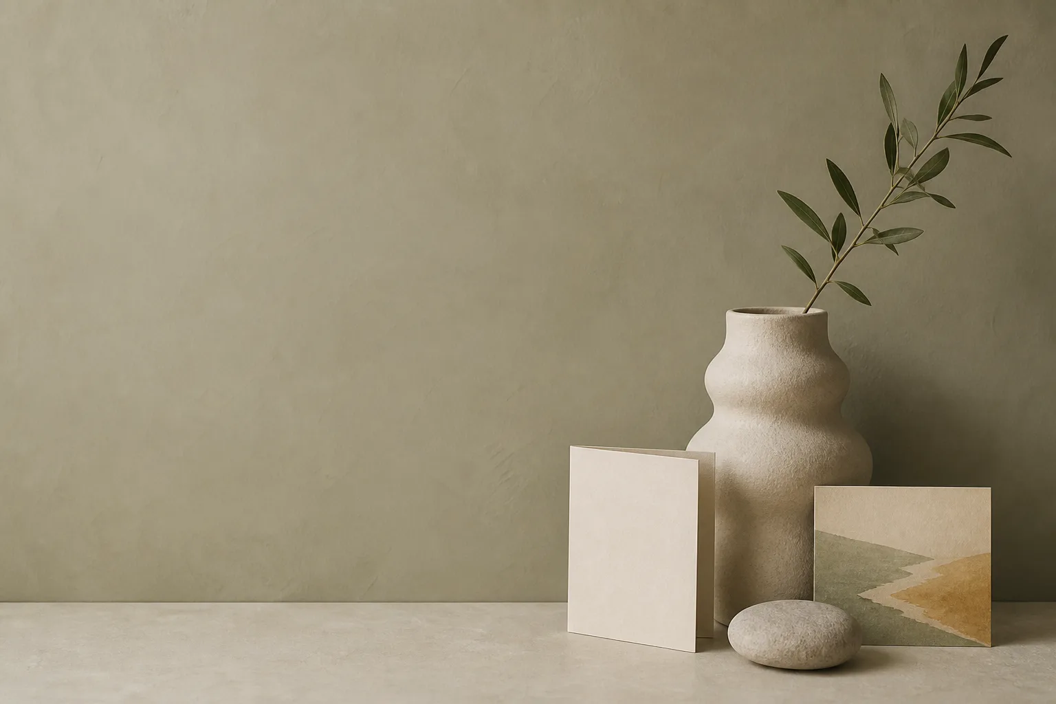 A cream vase with a branch, blank card, stone and a small abstract coastline card against an olive wall.
