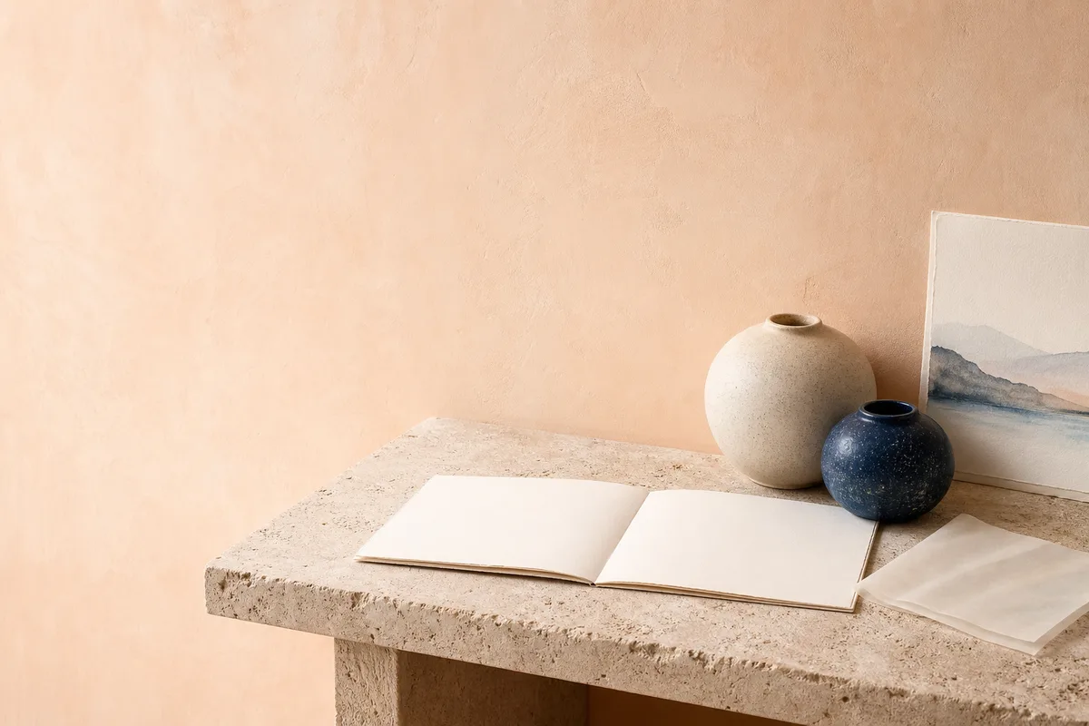 A blank open folio, two ceramic vessels, vellum and a soft landscape card on a stone bench.