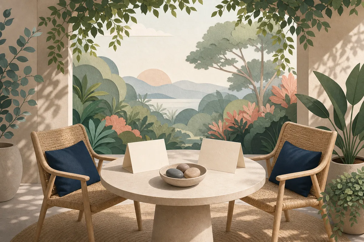Two empty woven chairs facing a round table with two blank folded cards and a small bowl of smooth stones in a leafy garden veranda.