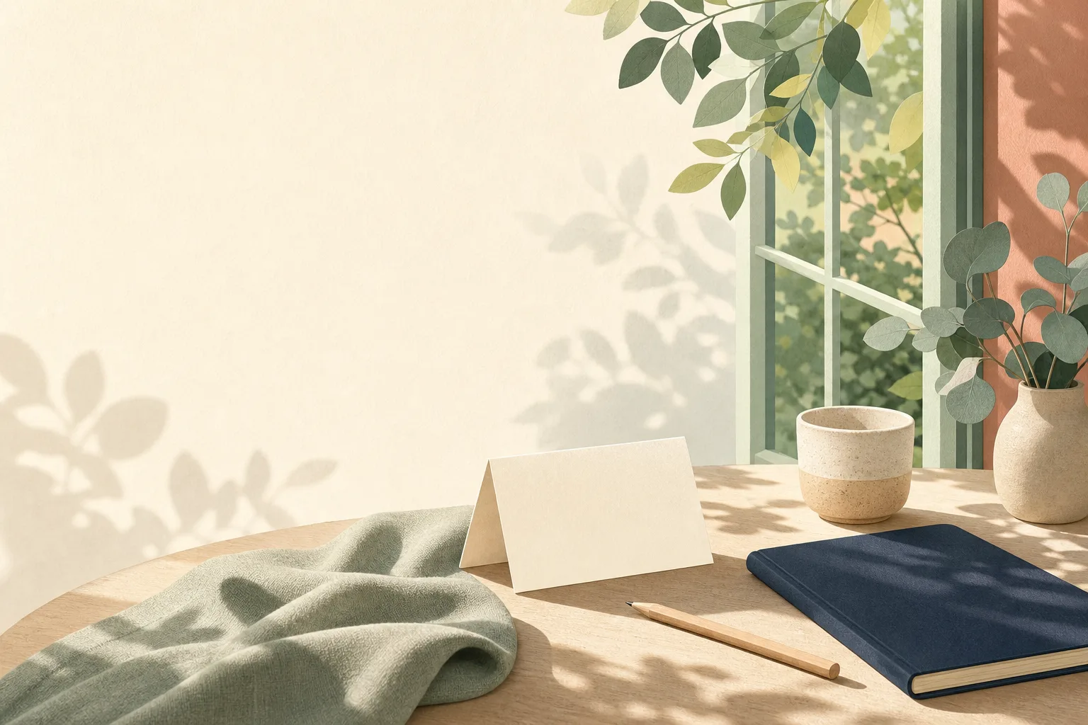 Sunlit table by an open window with a blank folded card, plain notebook, pencil, cup and soft leaf shadows.