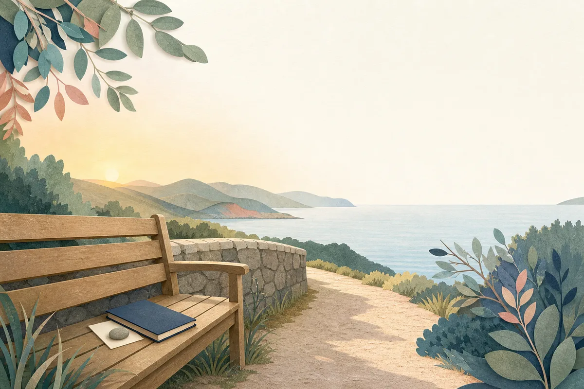 Empty timber bench overlooking a calm coastal path, pale water and distant hills, with a closed plain notebook, blank card and smooth pebble.
