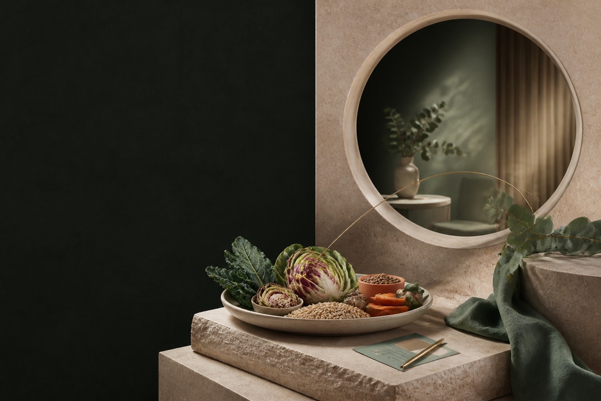 A balanced whole-food still life beside a quiet consultation window.