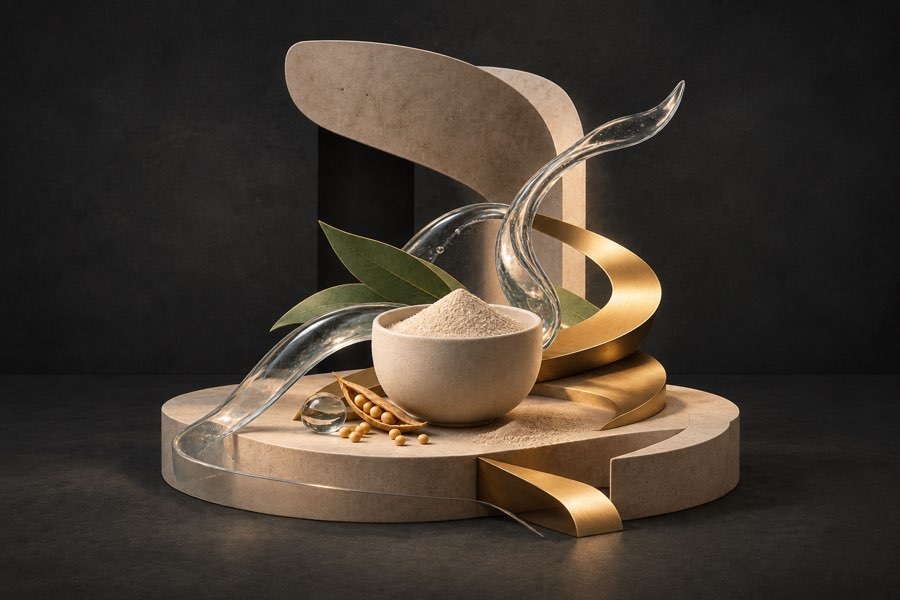 A still life of pale fibre powder, guar beans and leaves on limestone forms.