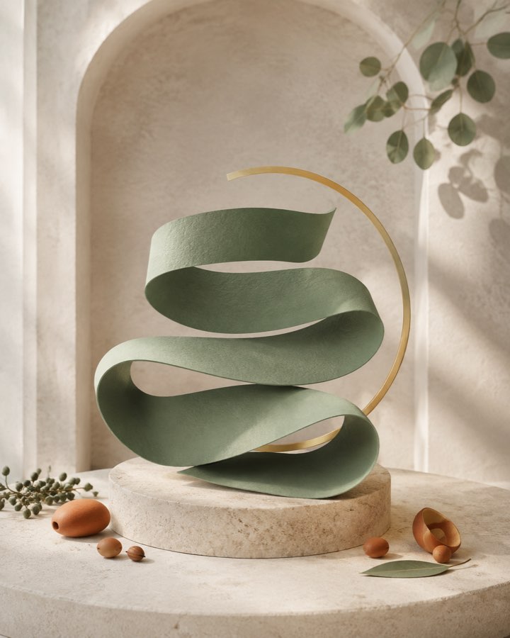A tactile green ribbon and seed-like forms in a limestone alcove, an abstract illustration of gut learning.